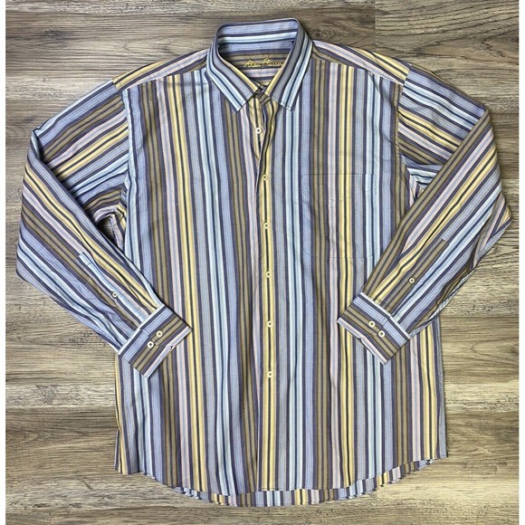Alan Flusser Button Down Men's Size Large Striped Dress Shirt Blue Yellow - Picture 1 of 9